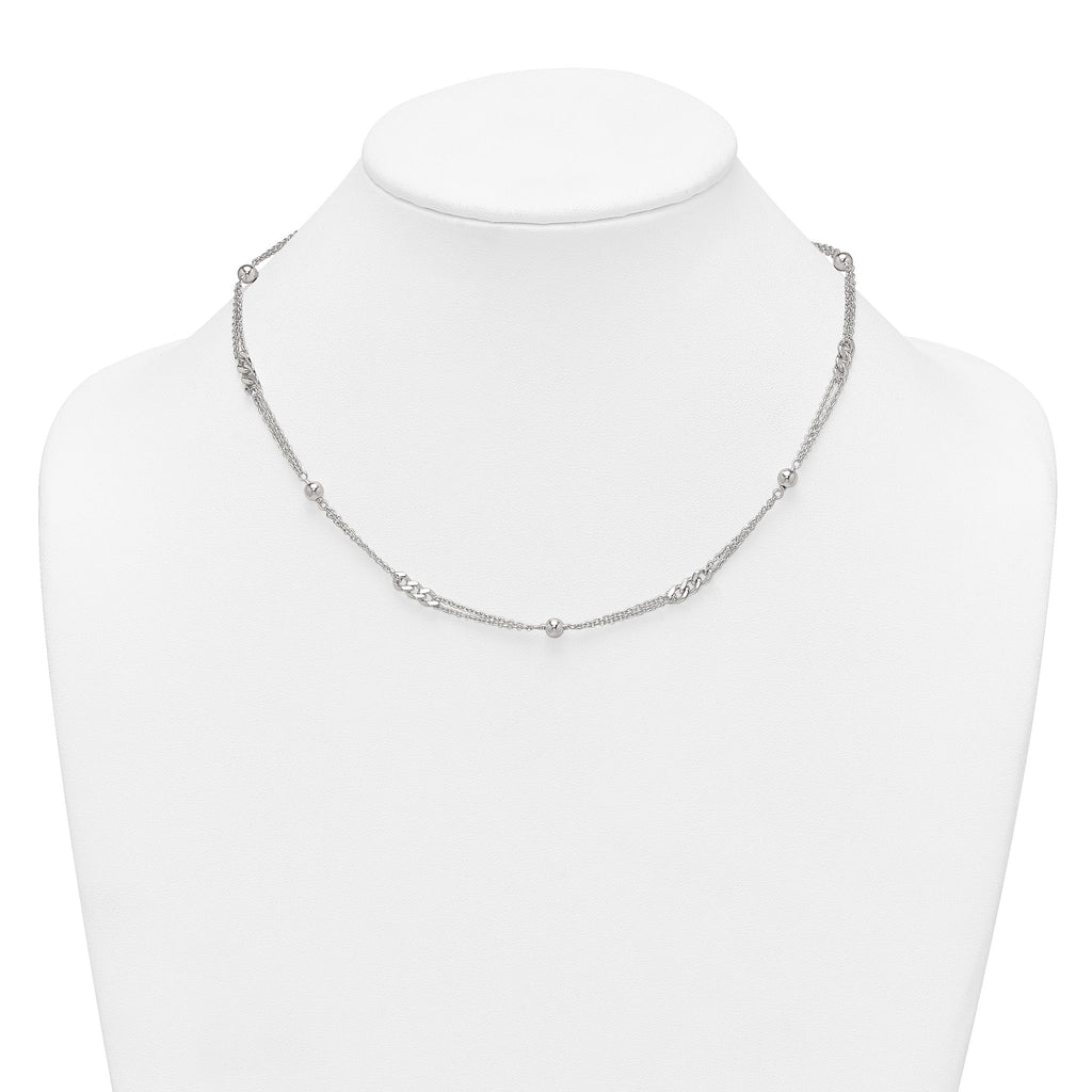 Sterling Silver Polished and Beaded Fancy Double-Strand Link 17.5 inch Necklace