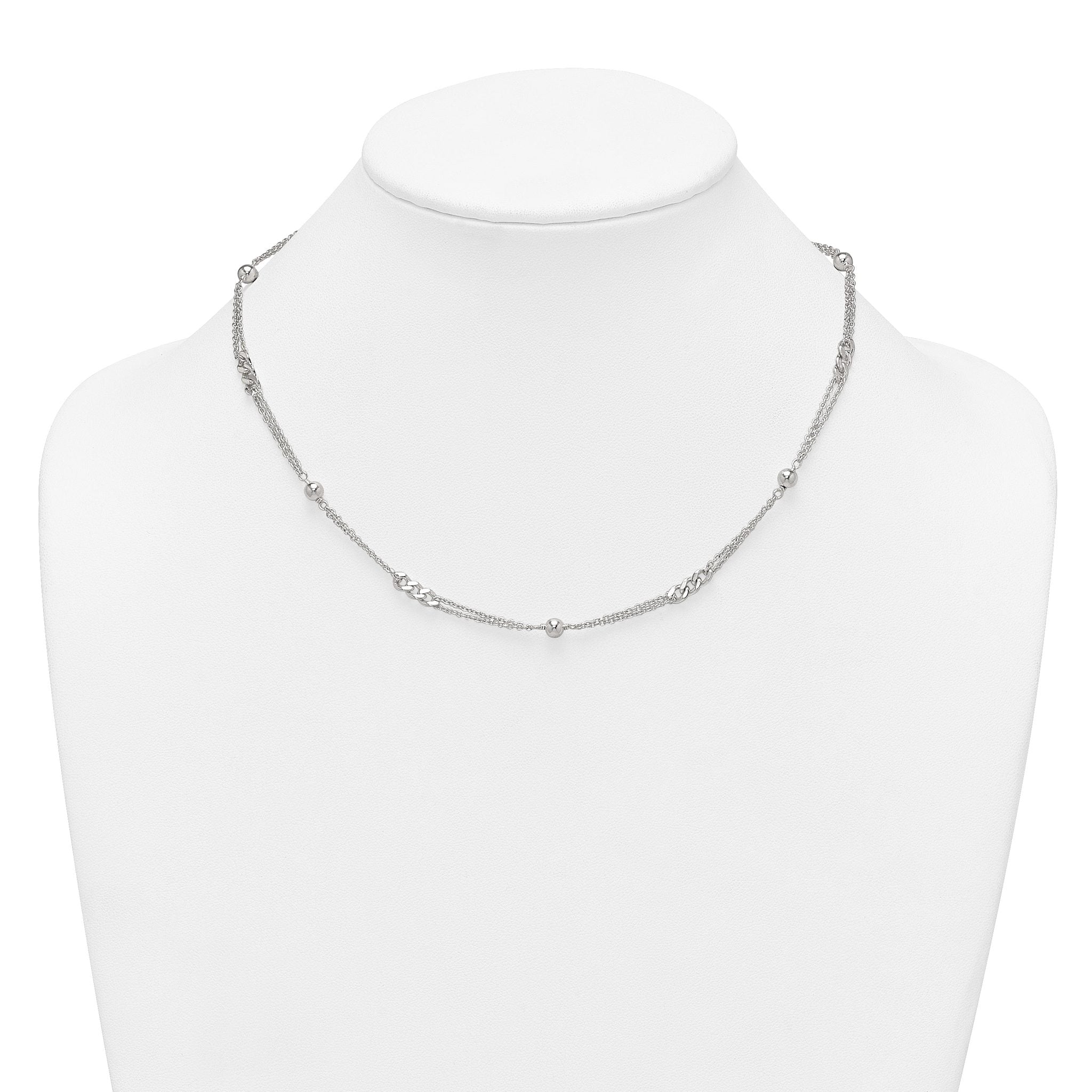 Sterling Silver Polished and Beaded Fancy Double-Strand Link 17.5 inch Necklace