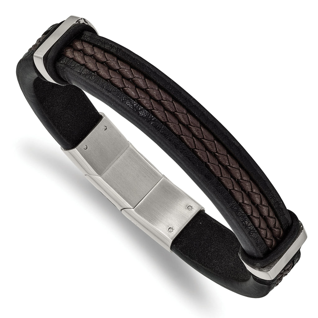 Stainless Steel Polished Black and Brown Braided Leather Bracelet with . Extension for Men