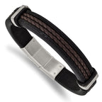 Stainless Steel Polished Black and Brown Braided Leather Bracelet with . Extension for Men
