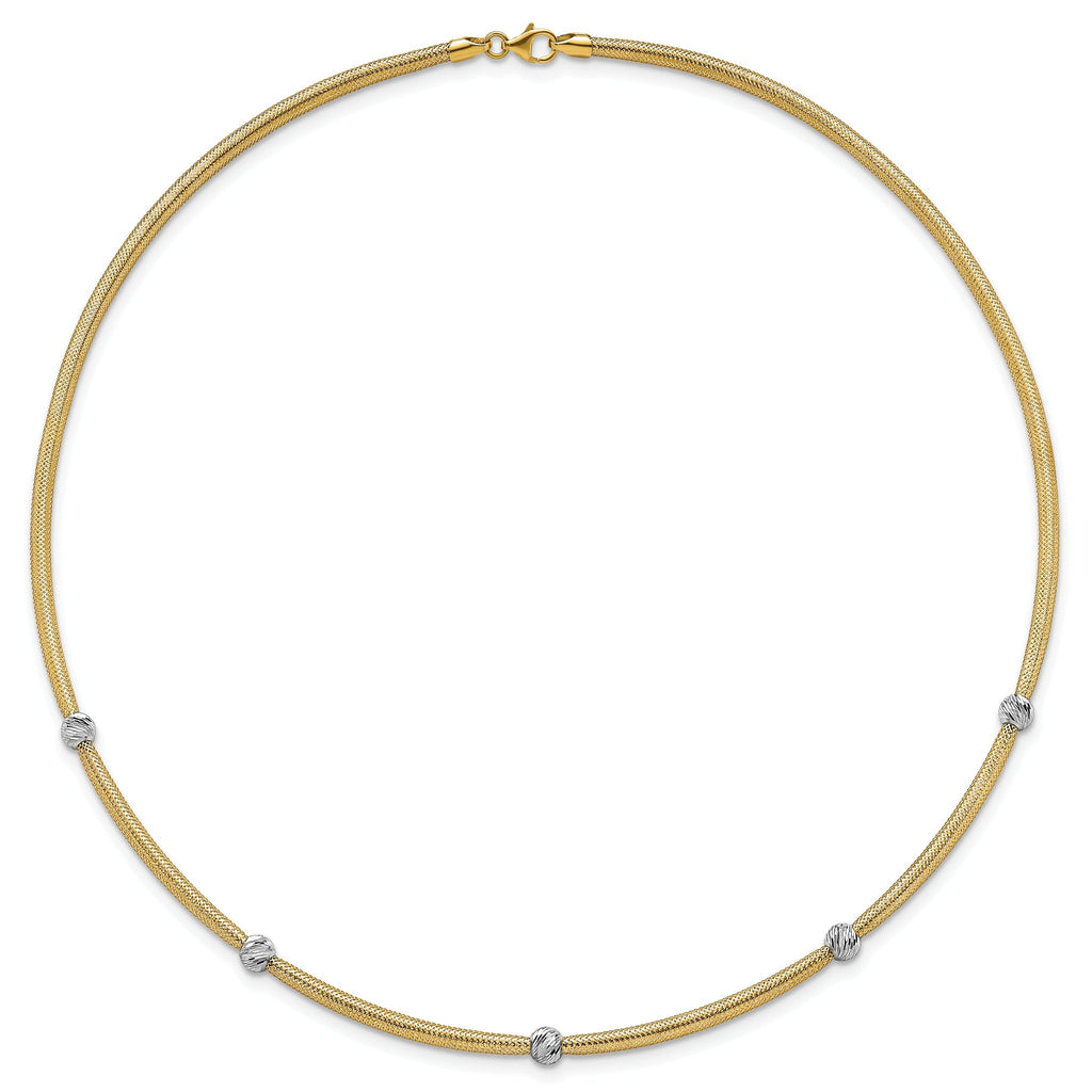 14k Polished with Rhodium 5-Station Diamond-cut Beads 4mm Flexible Mesh 18 inch Necklace