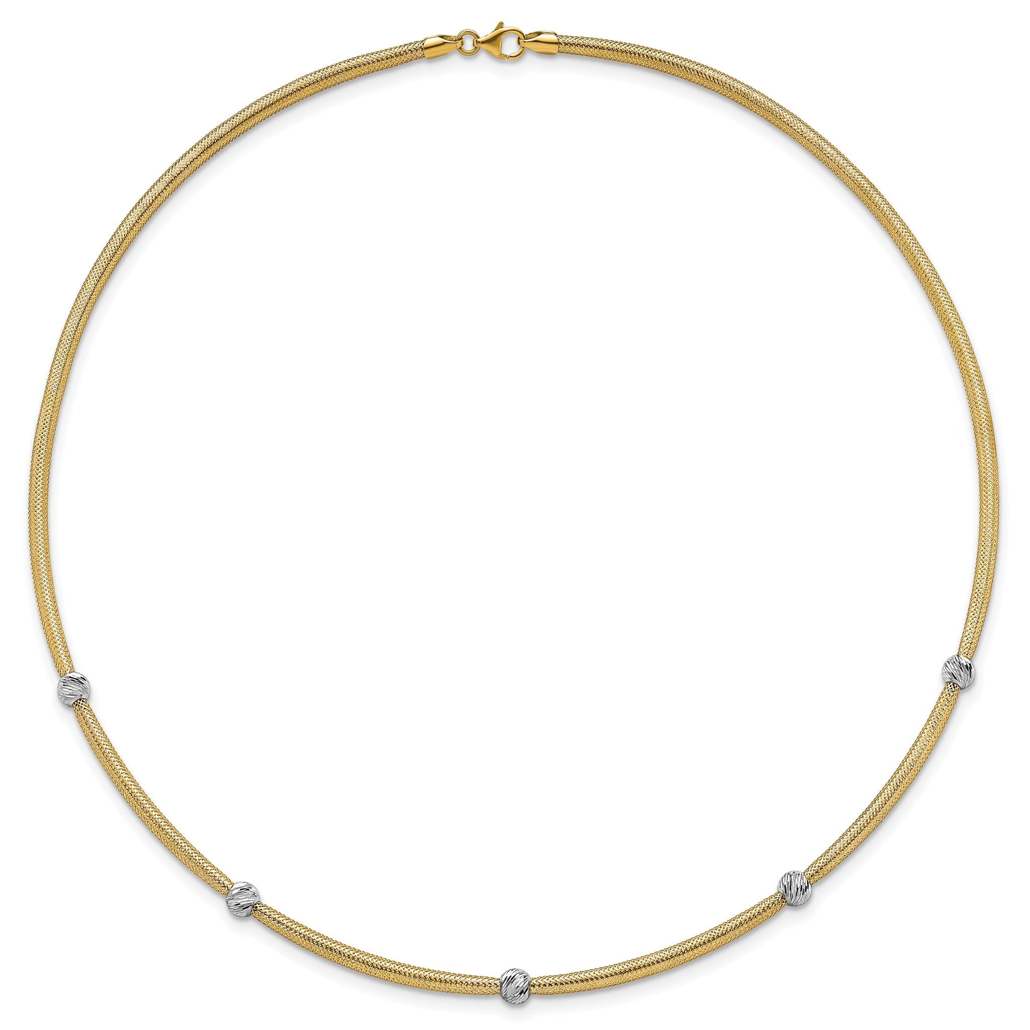 14k Polished with Rhodium 5-Station Diamond-cut Beads 4mm Flexible Mesh 18 inch Necklace