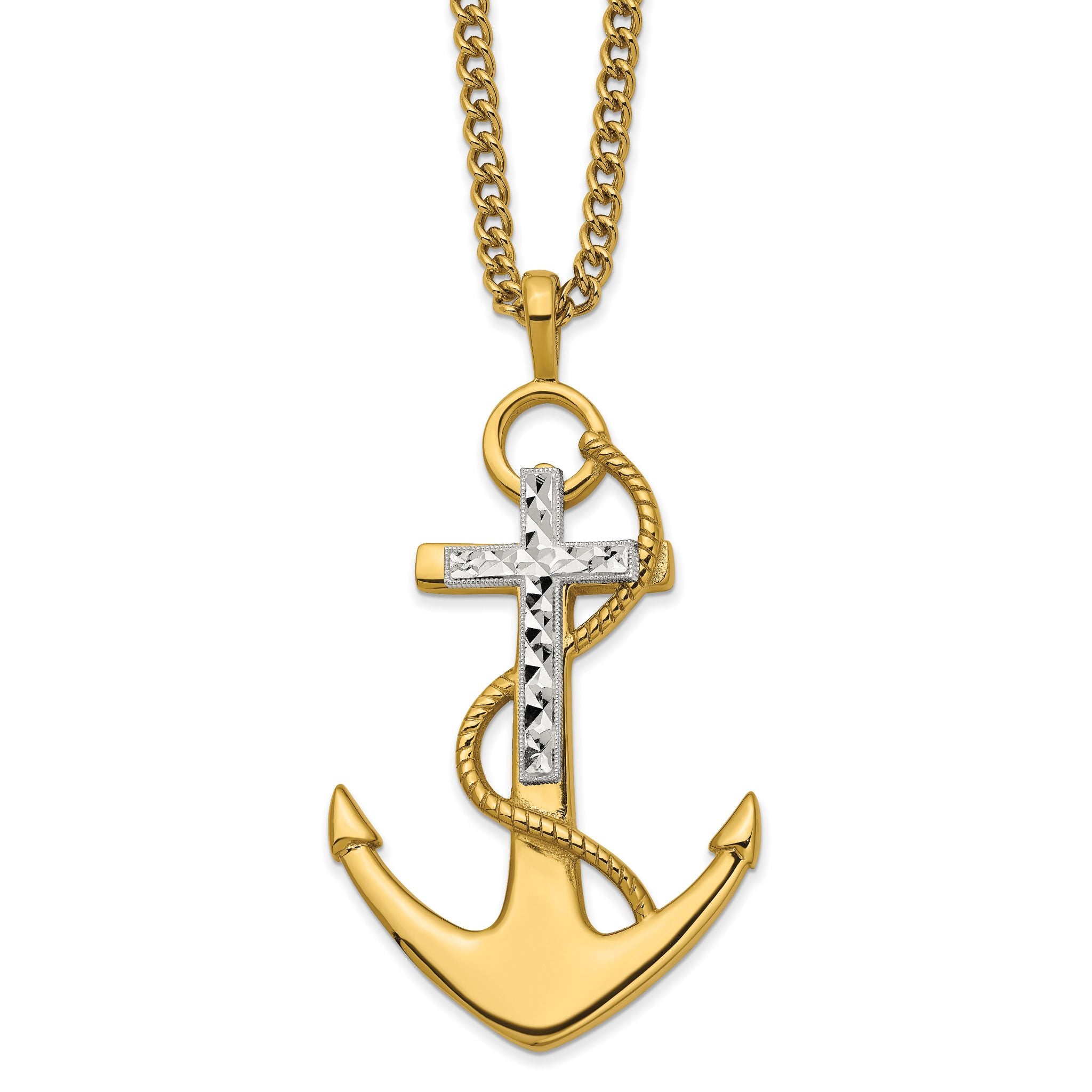 Chisel Stainless Steel Polished Yellow IP-plated Diamond cut Cross and Anchor Pendant on a 24 inch Curb Chain Necklace Main image
