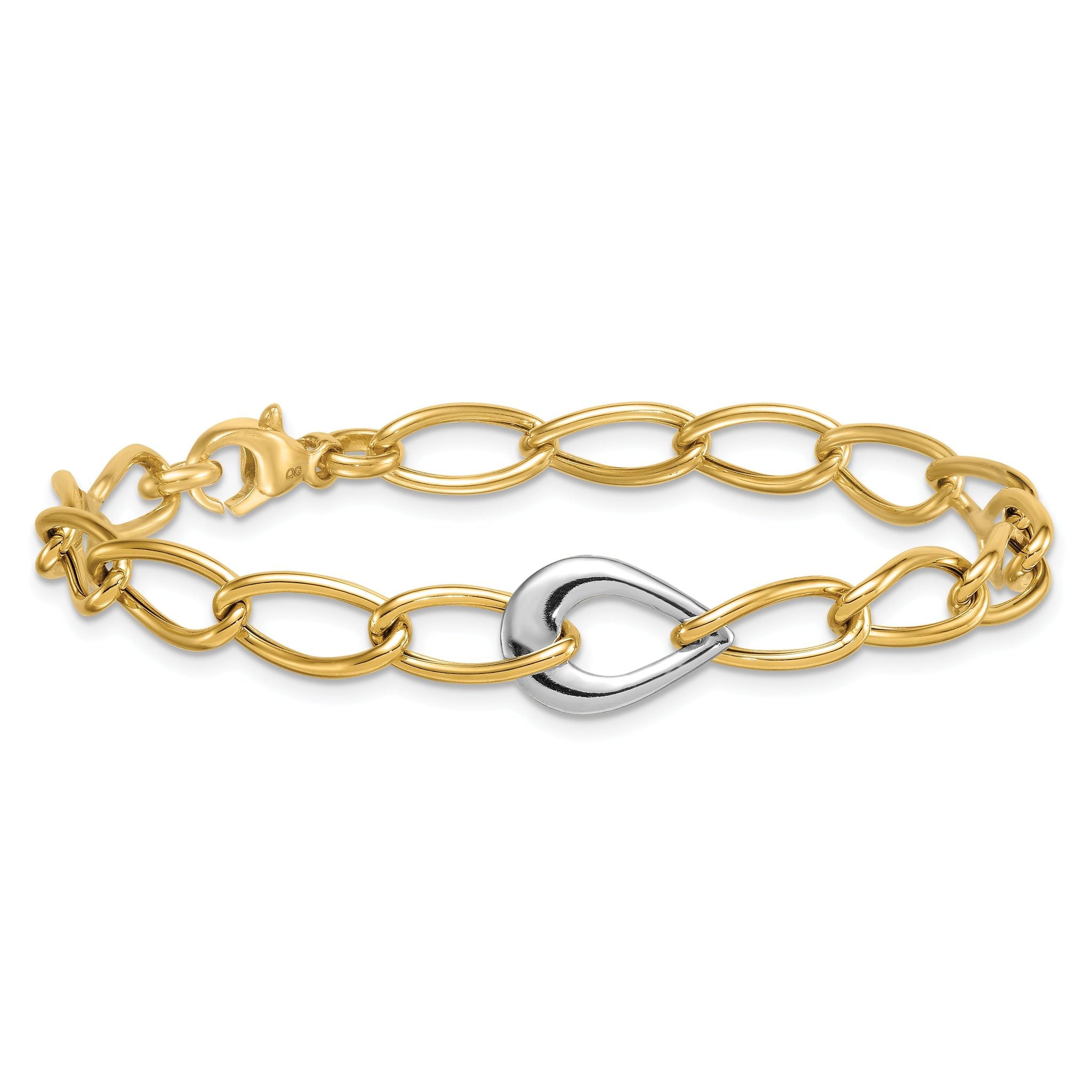 14k Two Tone Polished 6.5mm Fancy Curb Link With Teardrop 7.75 inch Bracelet
