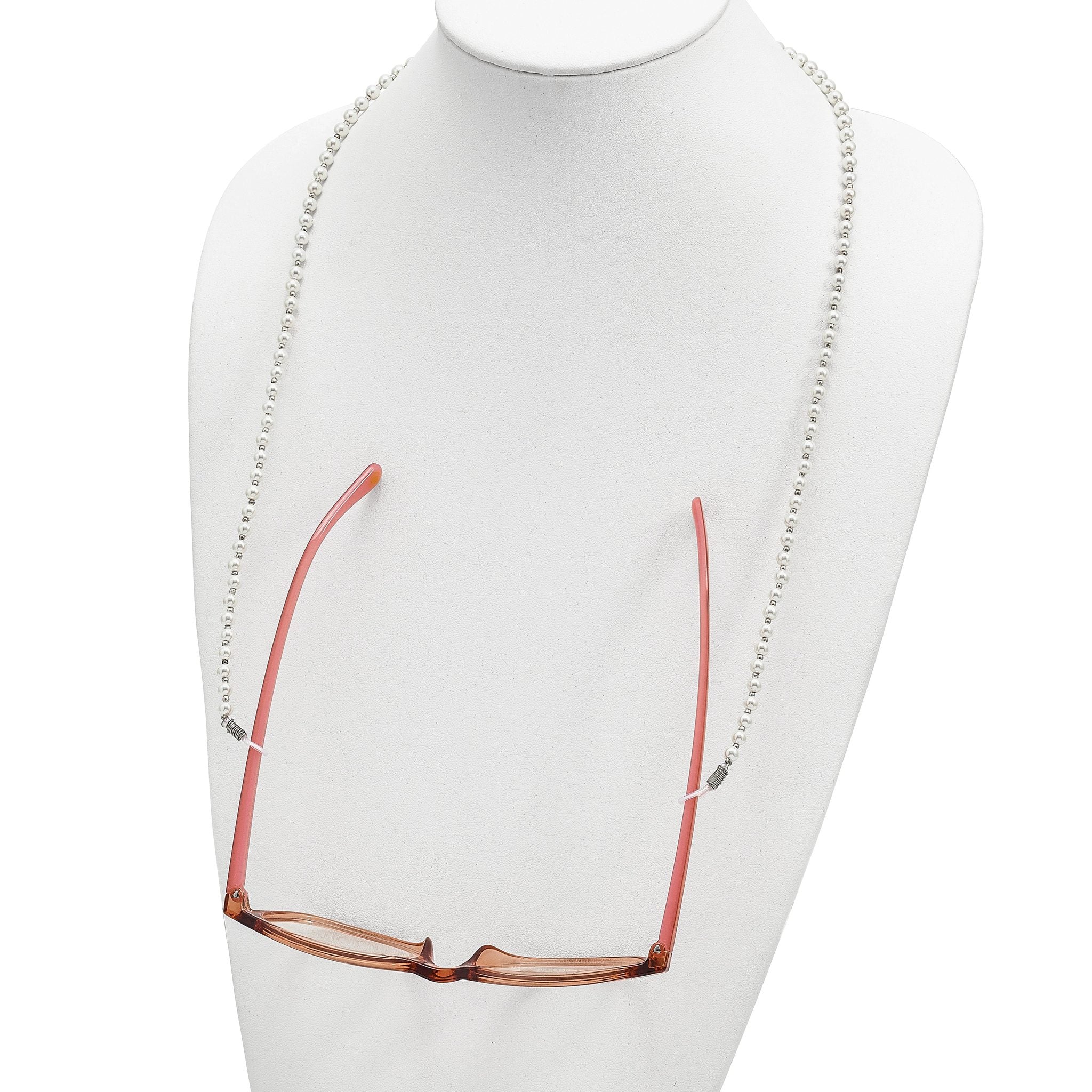 4-5mm White Round Imitation Shell Pearl with Glass Bead 24 inch Eyewear Chain