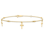 14k Diamond-cut 3 Cross Dangles and Beads 9 inch Plus 1 inch Extender - Total 10 inch Anklet