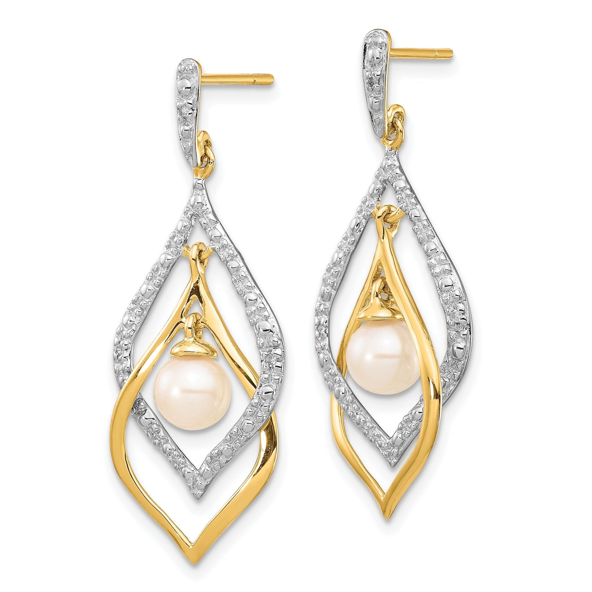 14k 5-6mm White Round FWC Pearl .02ct Diamond Dangle Earrings Secondary image