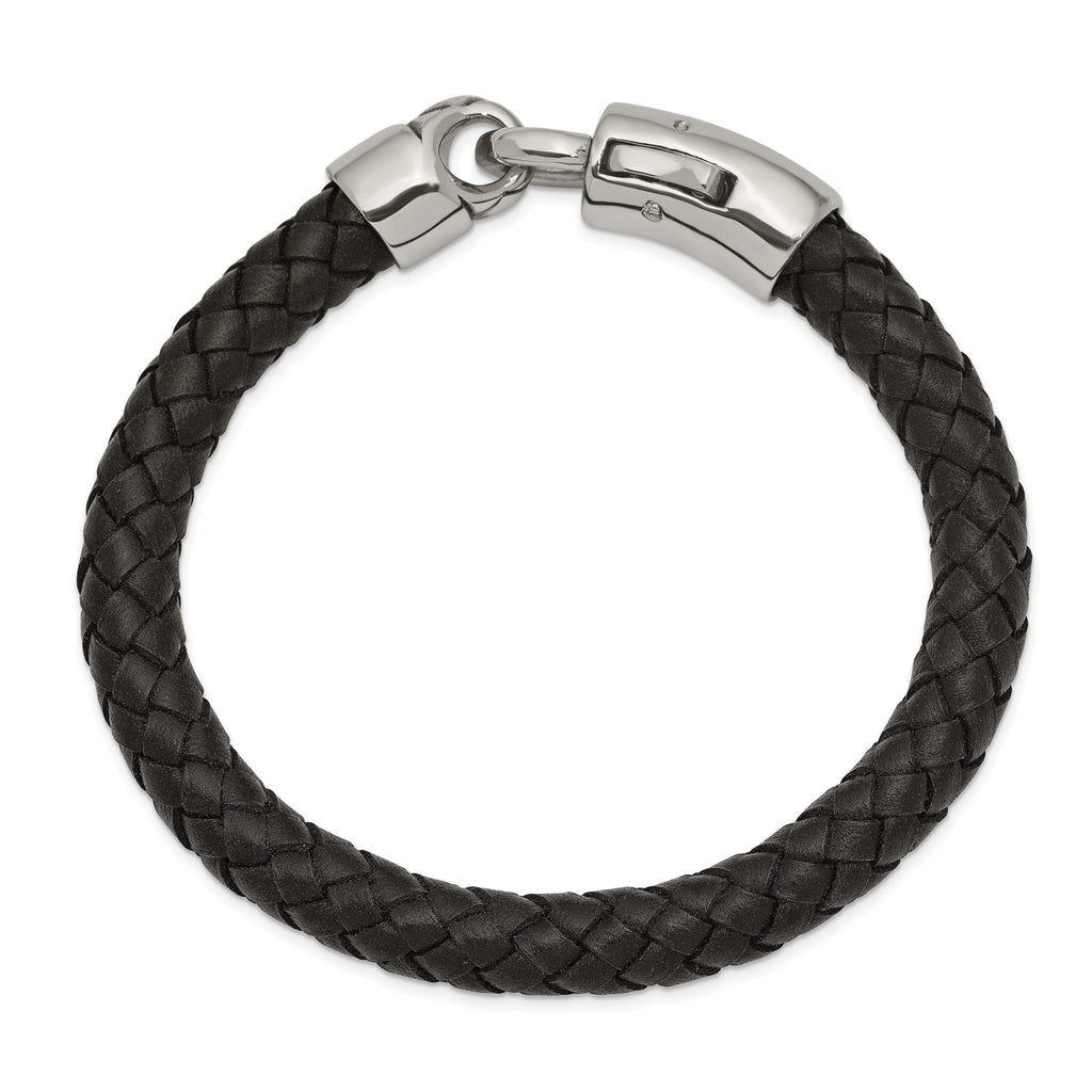 Stainless Steel Antiqued and Polished Black Braided Leather Bracelet for Men