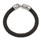 Stainless Steel Antiqued and Polished Black Braided Leather Bracelet for Men