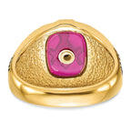 14k Men's Polished and Textured with Black Enamel and Lab Created Ruby Masonic Ring