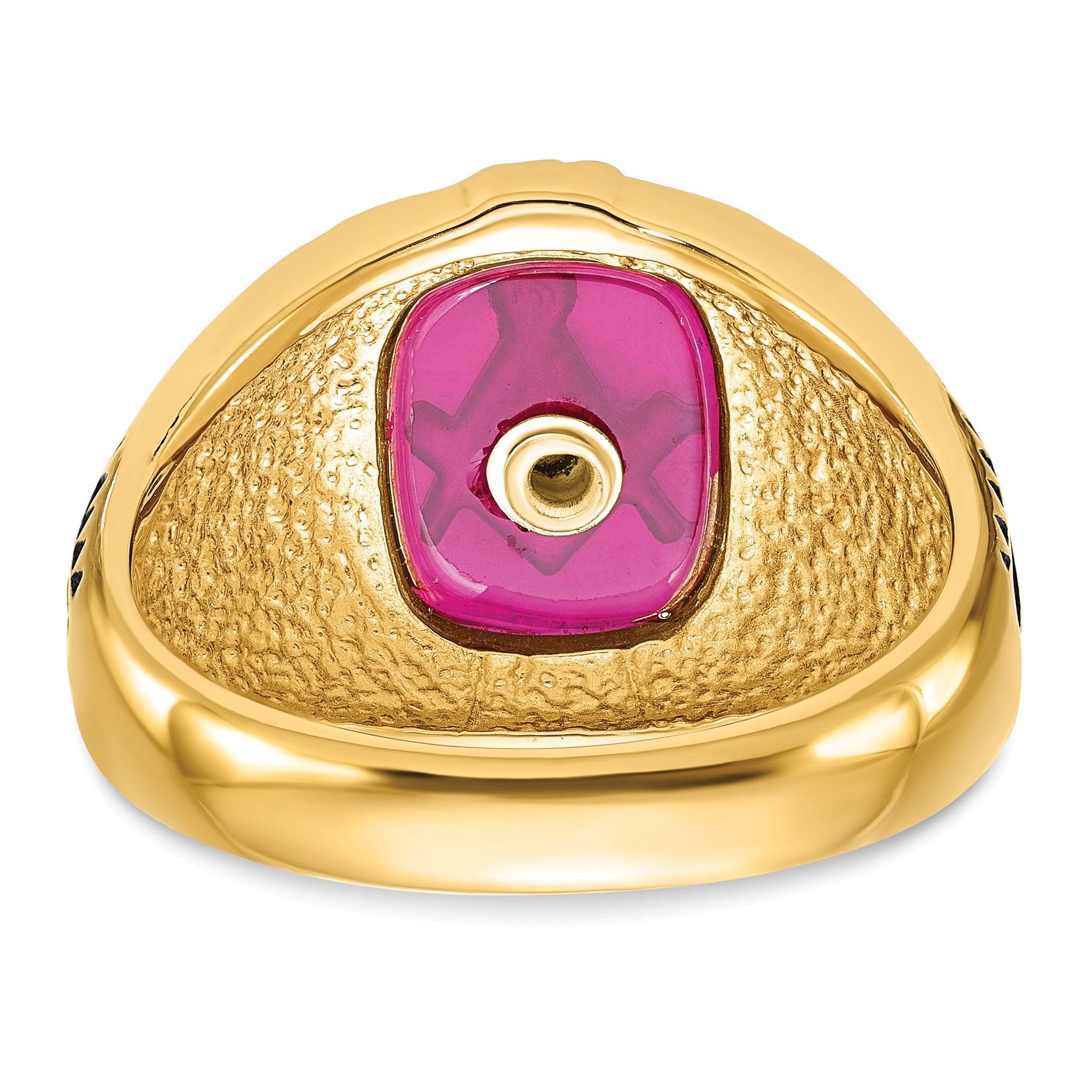 14k Men's Polished and Textured with Black Enamel and Lab Created Ruby Masonic Ring
