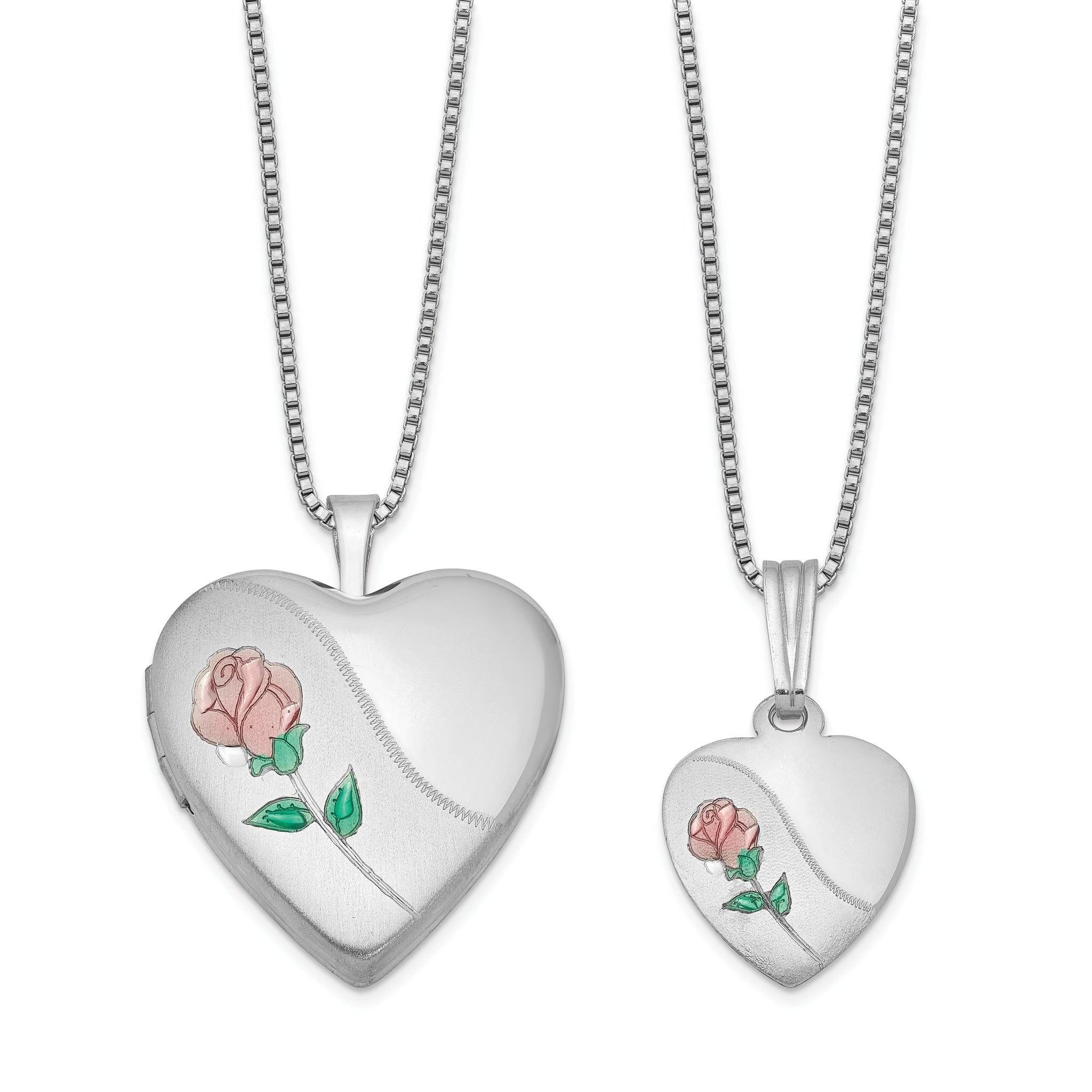 Sterling Silver Rhodium-plated Polished & Satin Enameled Rose Heart Mother & Daughter Locket & Pendant Necklace Set Main image