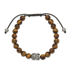 Stainless Steel Antiqued and Polished Tiger's Eye Buddha Black Macrame Adjustable Bracelet for Men