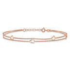 Sterling Silver Rose-tone Heart 2-Strand 9 inch Plus 1 inch Extender - Total 10 inch Anklet