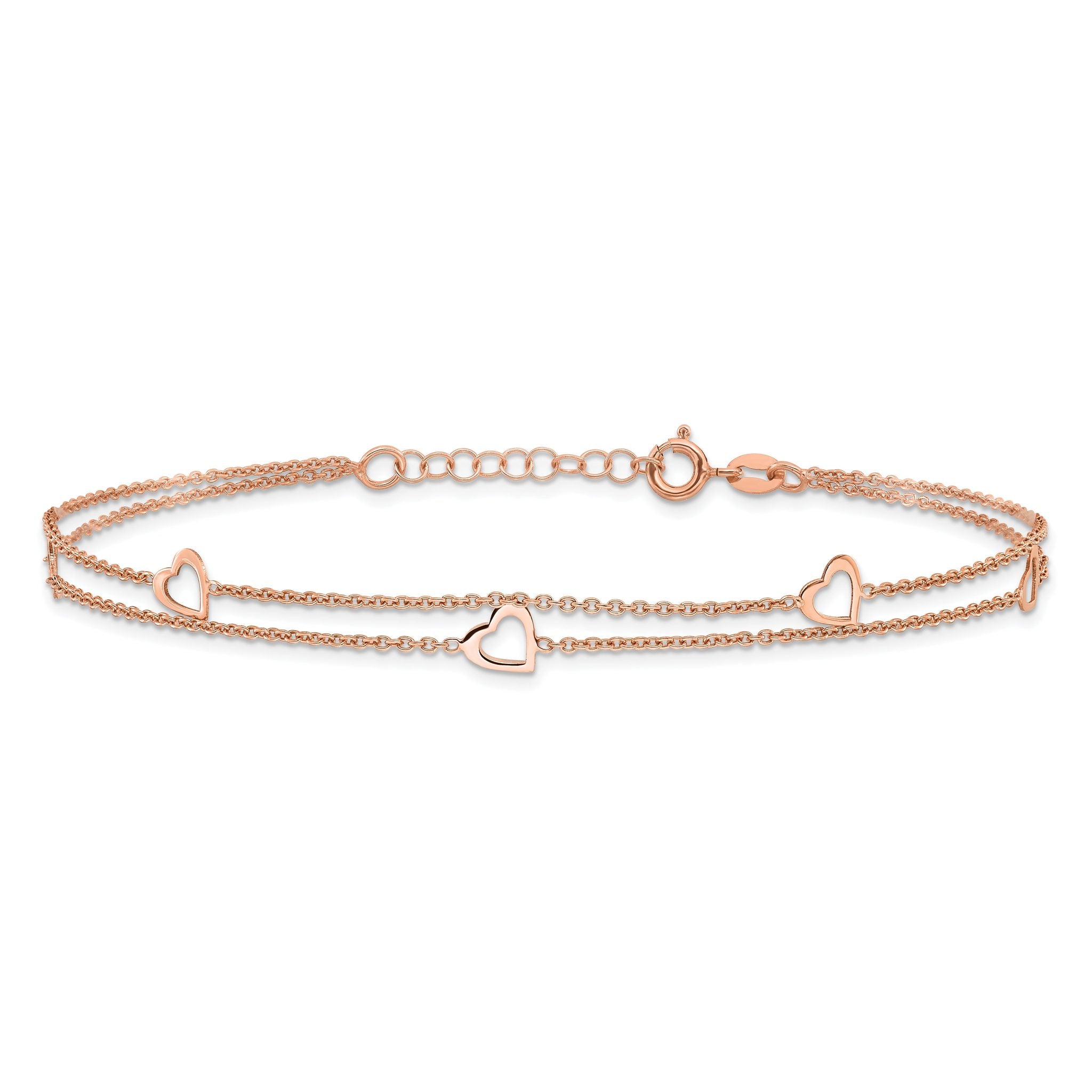 Sterling Silver Rose-tone Heart 2-Strand 9 inch Plus 1 inch Extender - Total 10 inch Anklet