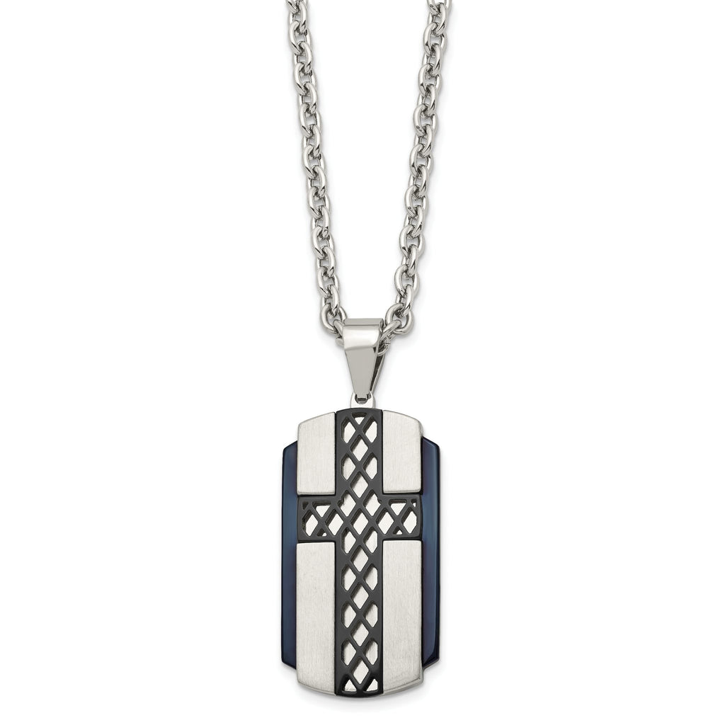 Black IP Cross Dog Tag Necklace in Stainless Steel, 24in