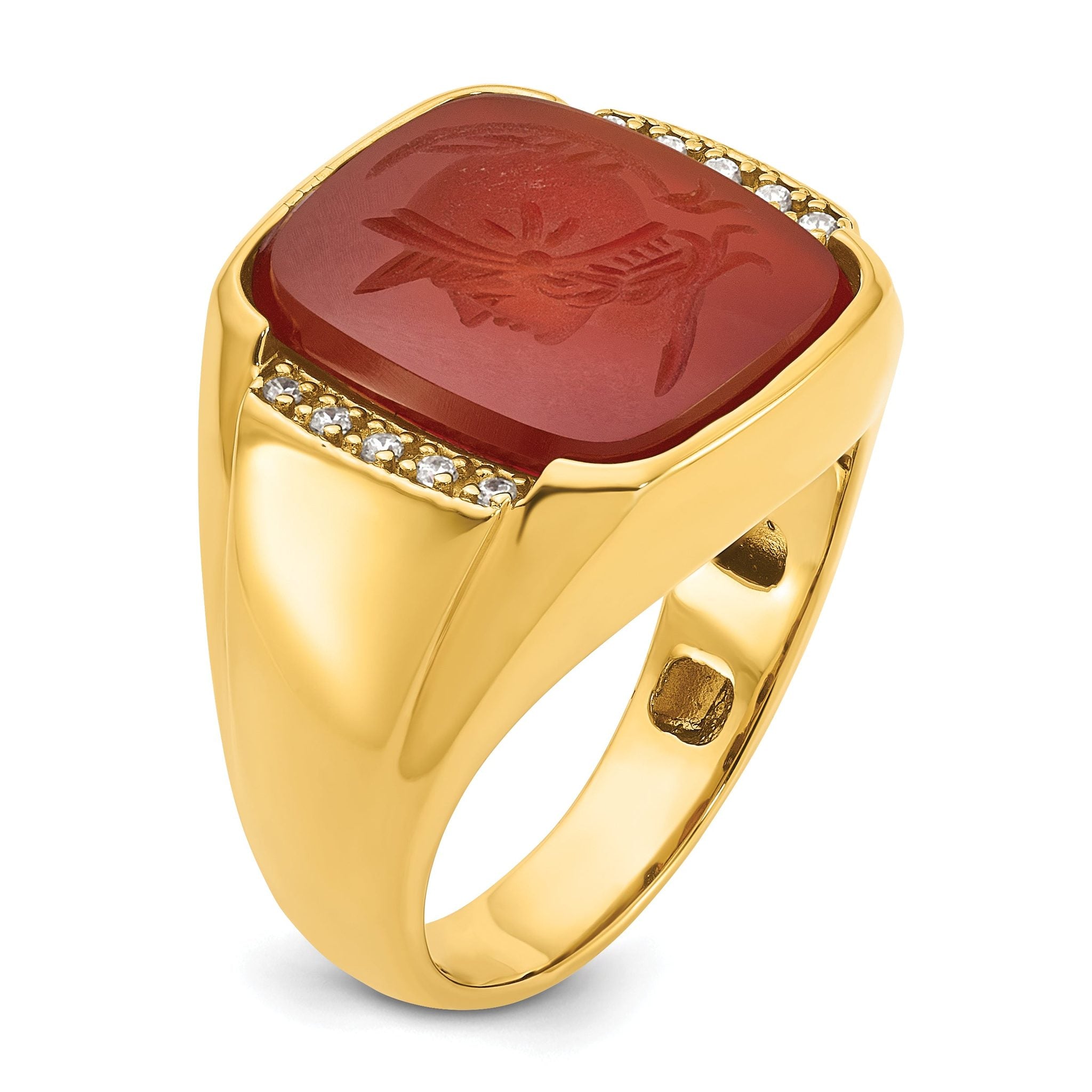 14k Mens Cushion Carnelian and 1/10 carat Diamond Complete Ring