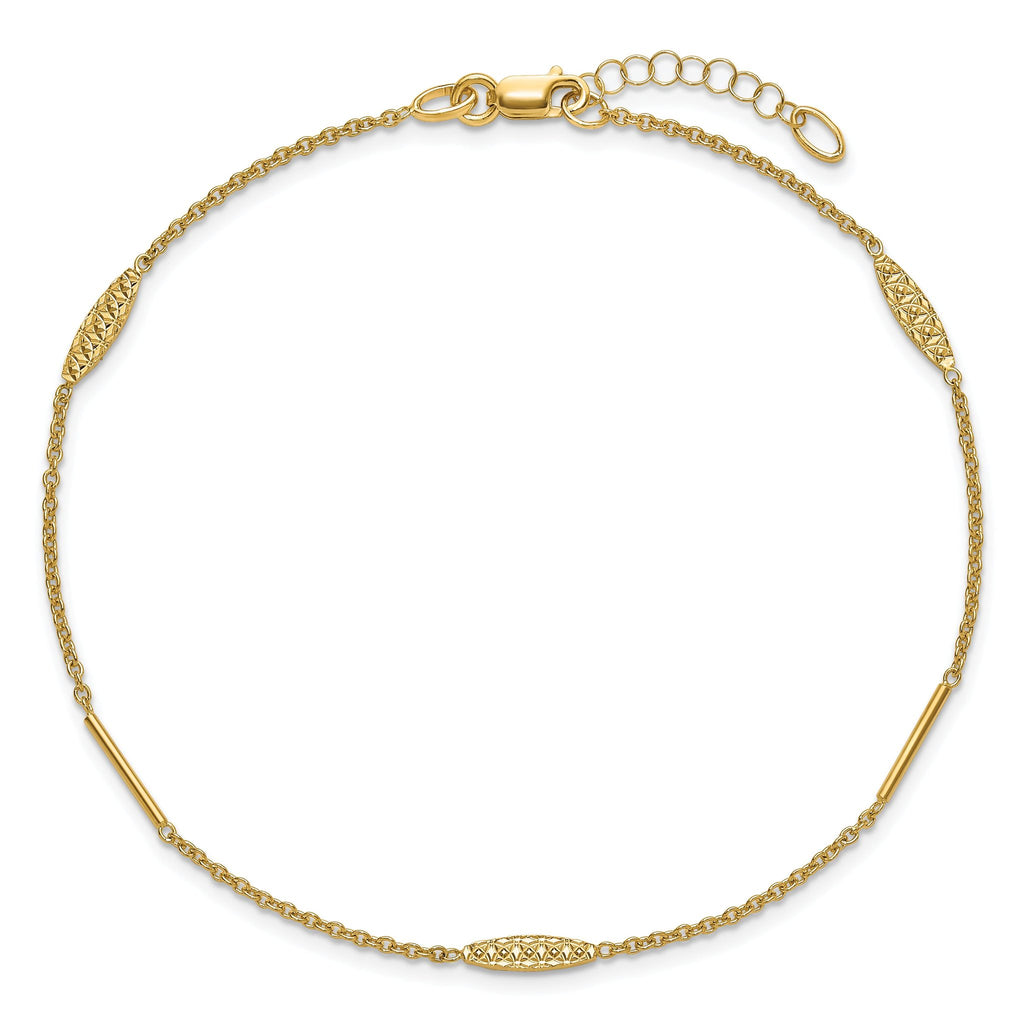 14K Bar and Textured Oval 9 inch Plus 1 inch Extender - Total 10 inch Anklet