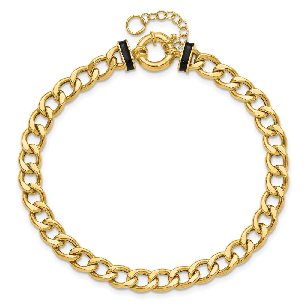 10K Polished with Black Enamel Flat Oval Link w/1in ext. Bracelet