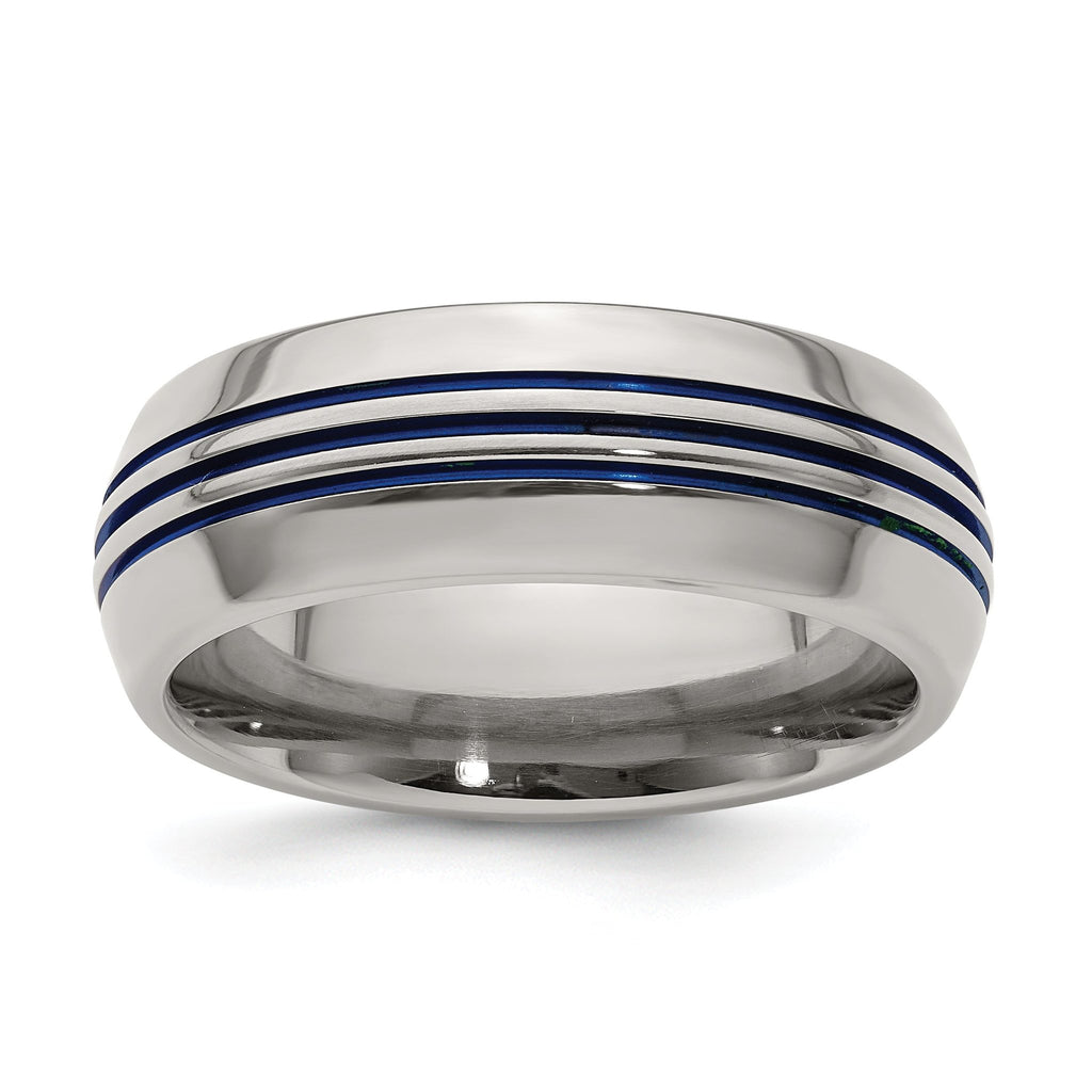 Titanium Wedding Band with Blue Anodized Grooves and Polished Finish