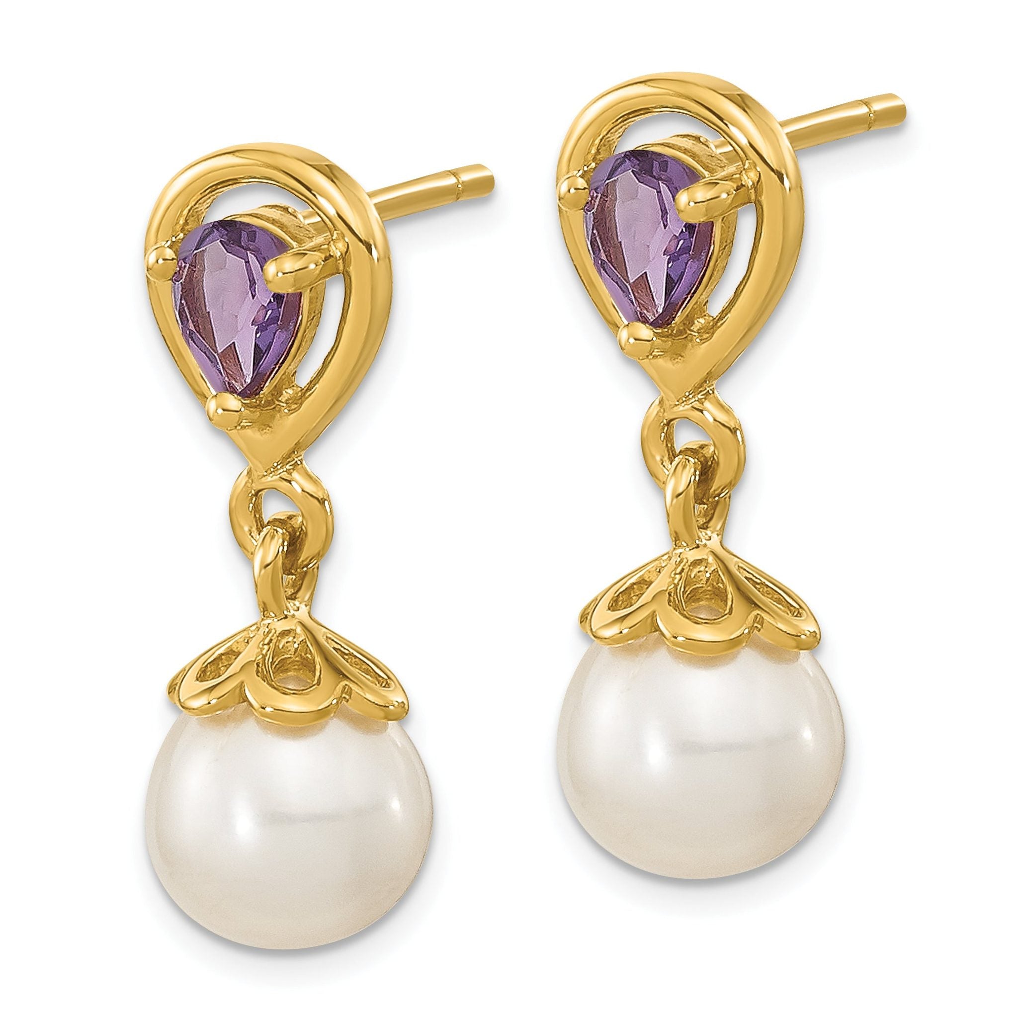 14K 6-7mm White Round FWC Pearl Amethyst Post Dangle Earrings Secondary image