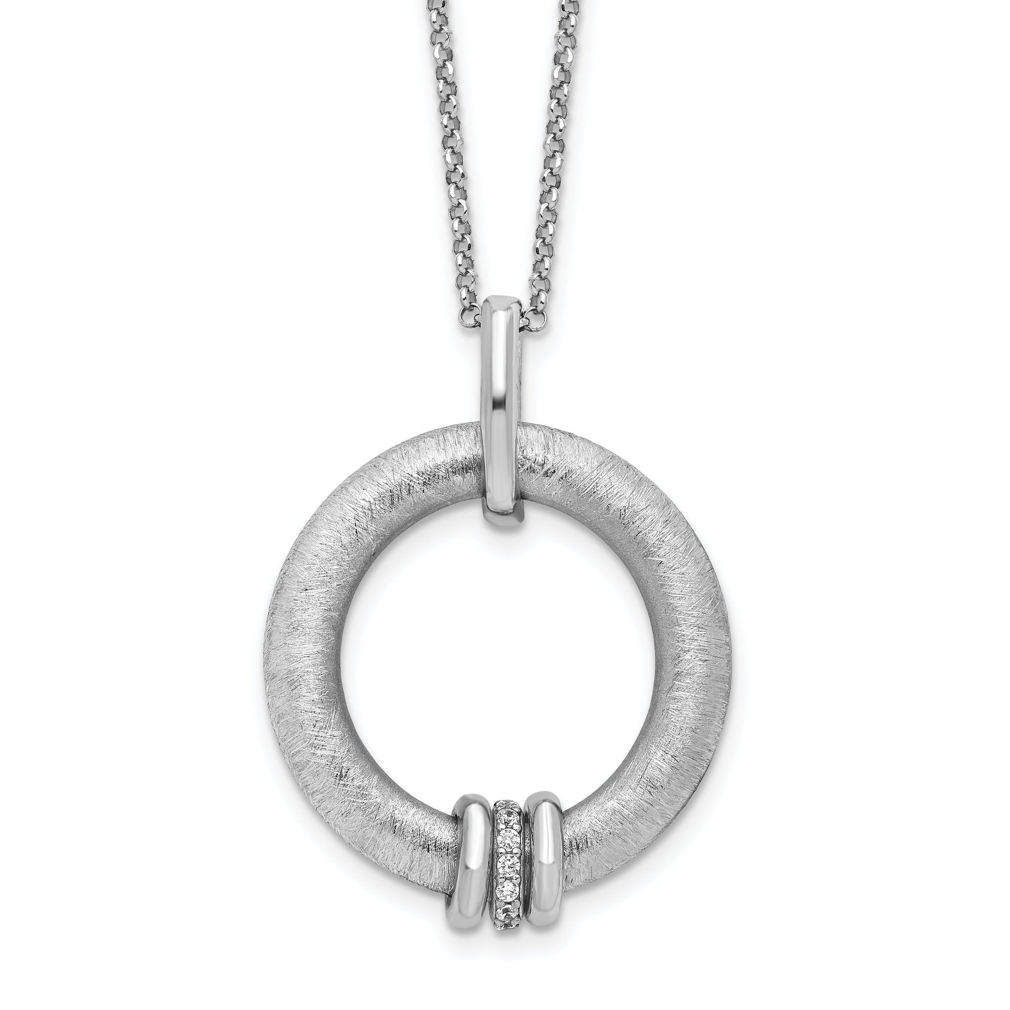 Sterling Silver Rhodium-Plated-plt Polished and Brushed CZ w/2in. ext Necklace Main image