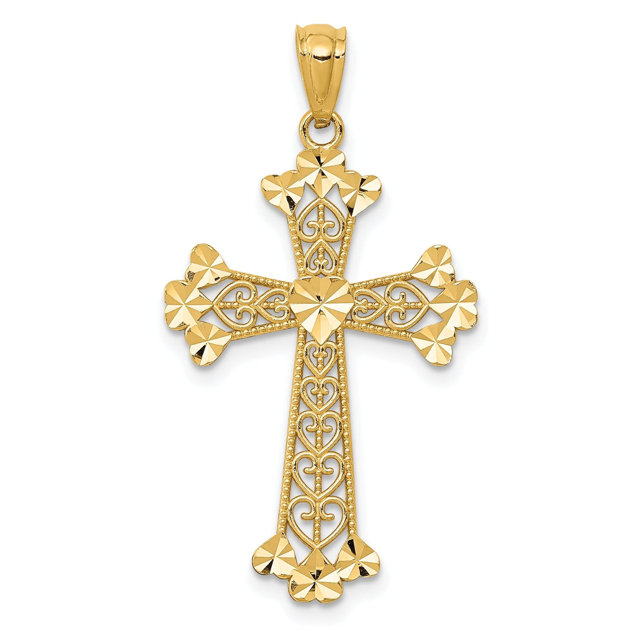 14K Gold Diamond-Cut Polished Filigree Cross Pendant with Hearts, Reversible Main image