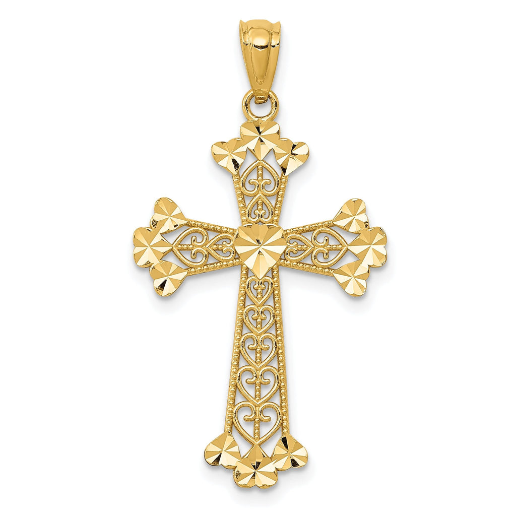 14K Gold Diamond-Cut Polished Filigree Cross Pendant with Hearts, Reversible