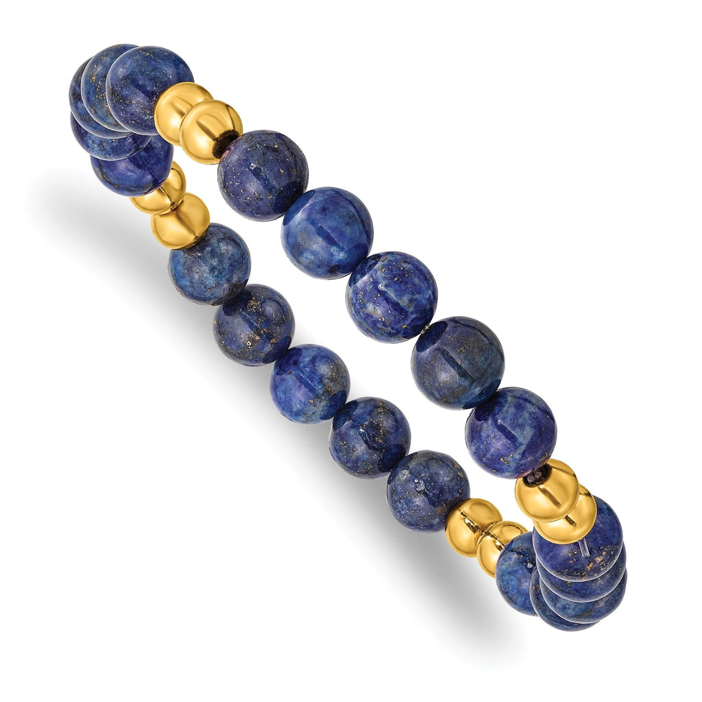 Stainless Steel Polished Yellow IP-plated 6-8mm Lapis Beaded Stretch Bracelet for Women