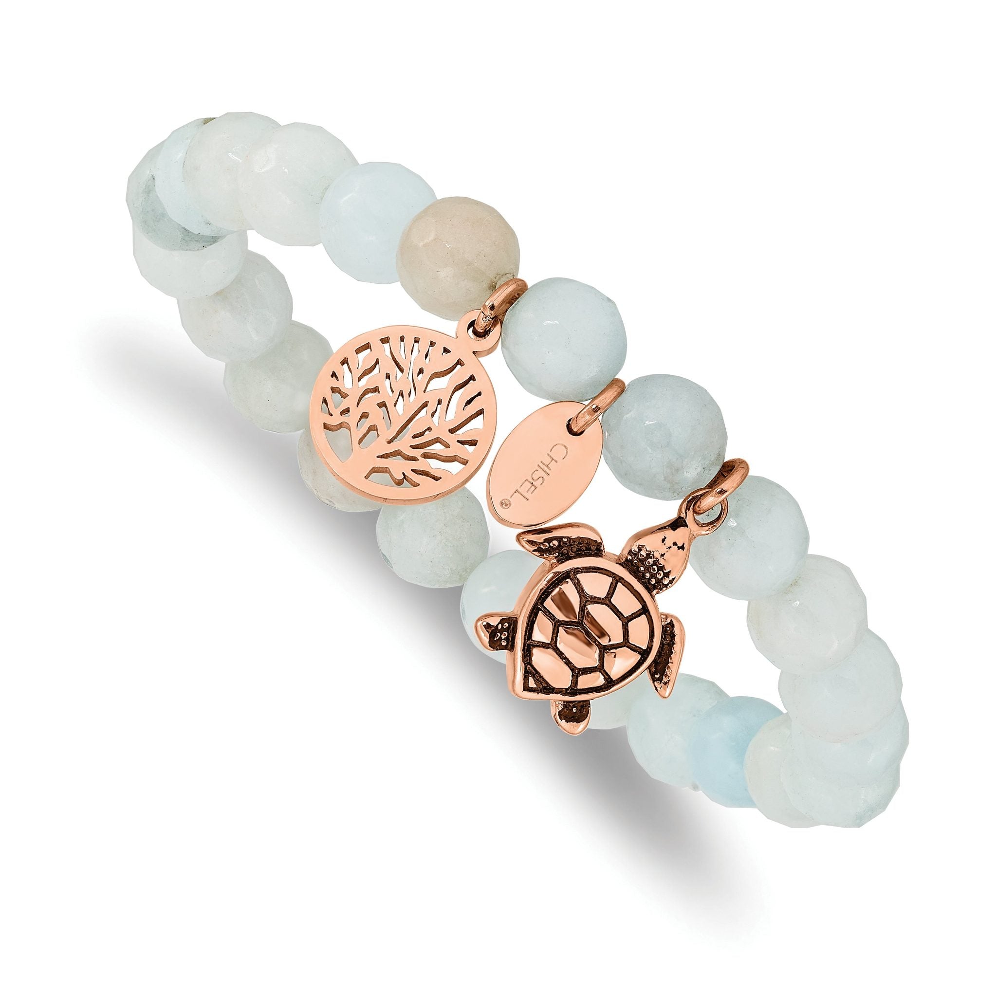 Stainless Steel Antiqued and Polished Rose IP-plated 8mm Blue/Grey Dyed Jade Beaded Stretch Bracelet for Women Main image