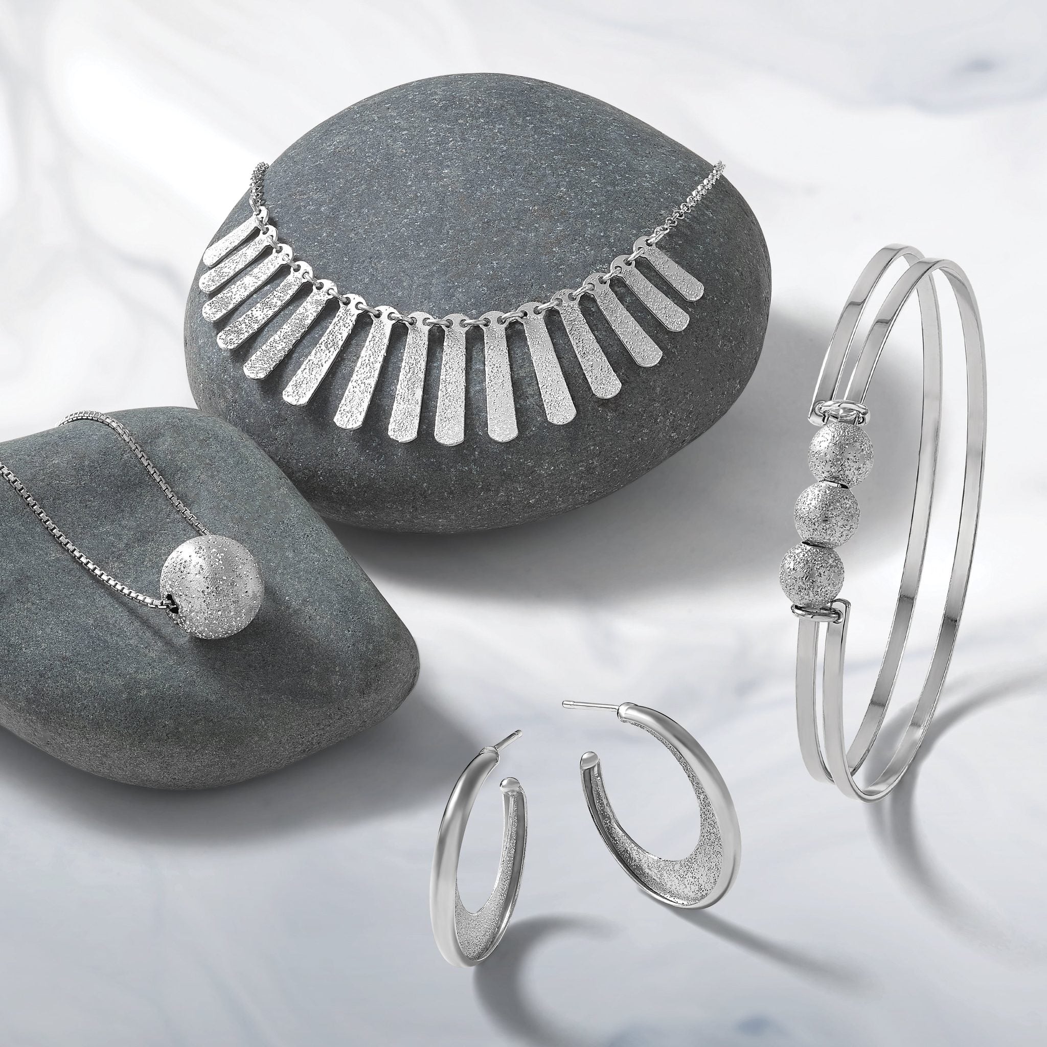 SS RH-plt Radiant Essence Polish/Textured Post J-Hoop Earrings