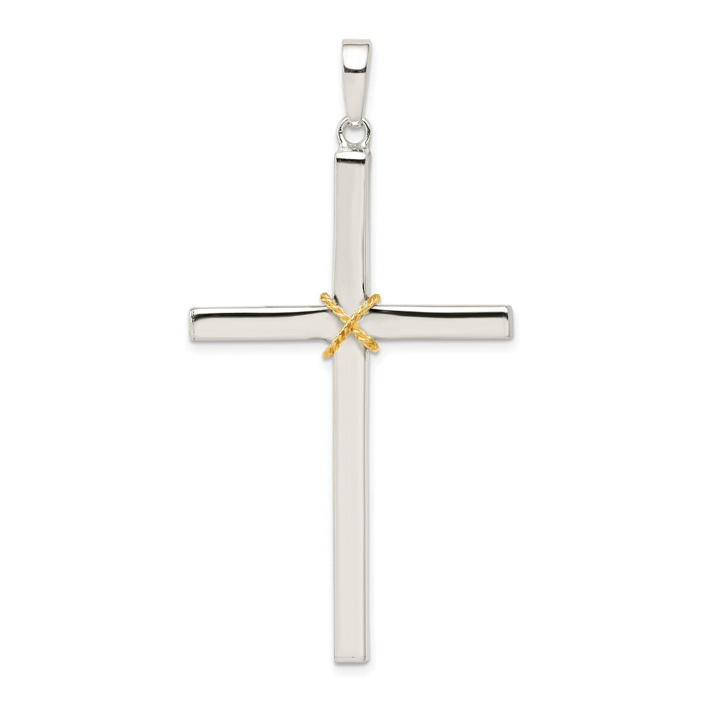 Sterling Silver 925 Hollow Crucifix Pendant with Gold-Plated Rope Trim