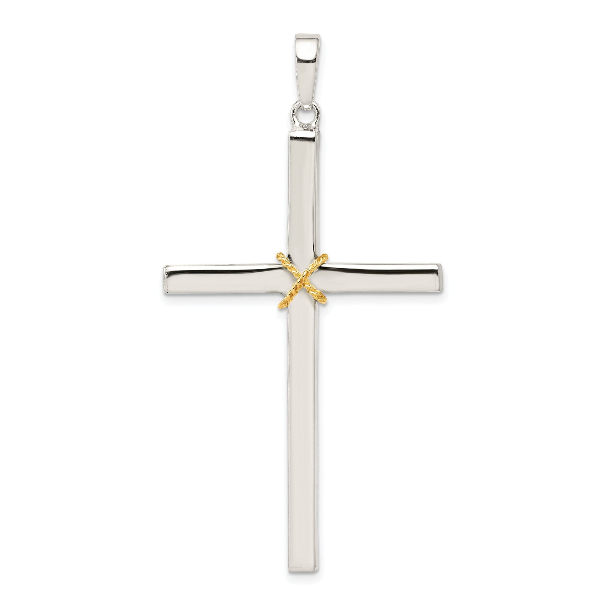 Sterling Silver 925 Hollow Crucifix Pendant with Gold-Plated Rope Trim