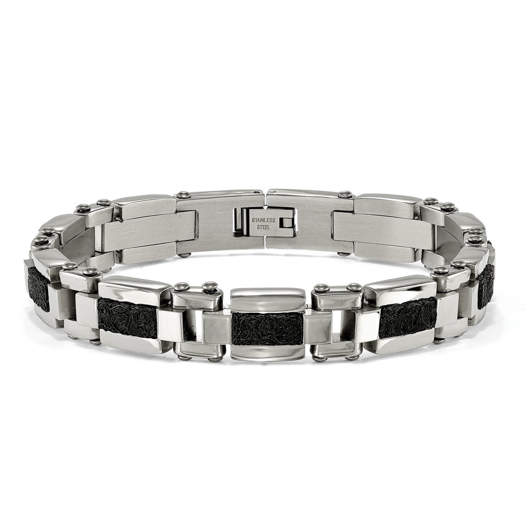 Stainless Steel Polished & Textured Black IP-plated Wire Inlay Bracel Bracelet for Men