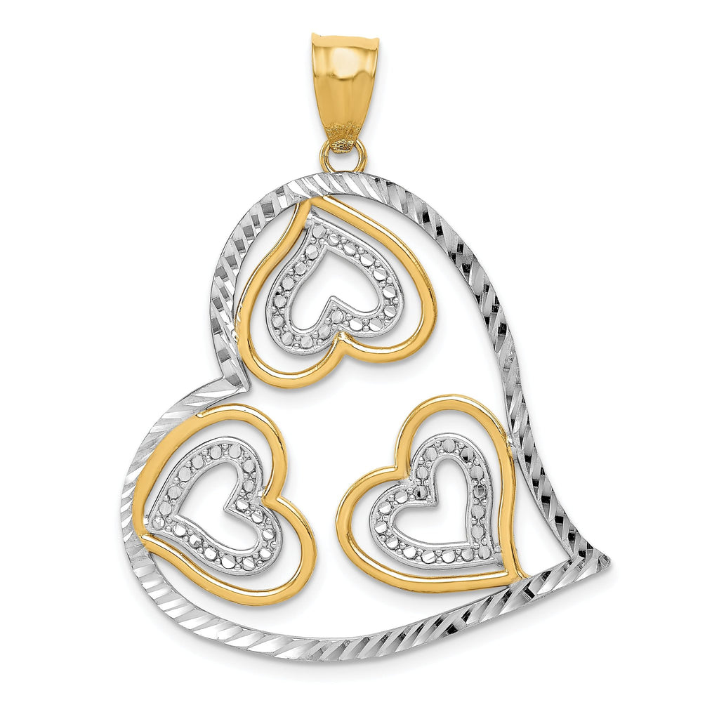 14K Gold Heart Pendant with Rhodium Accents and Polished Finish