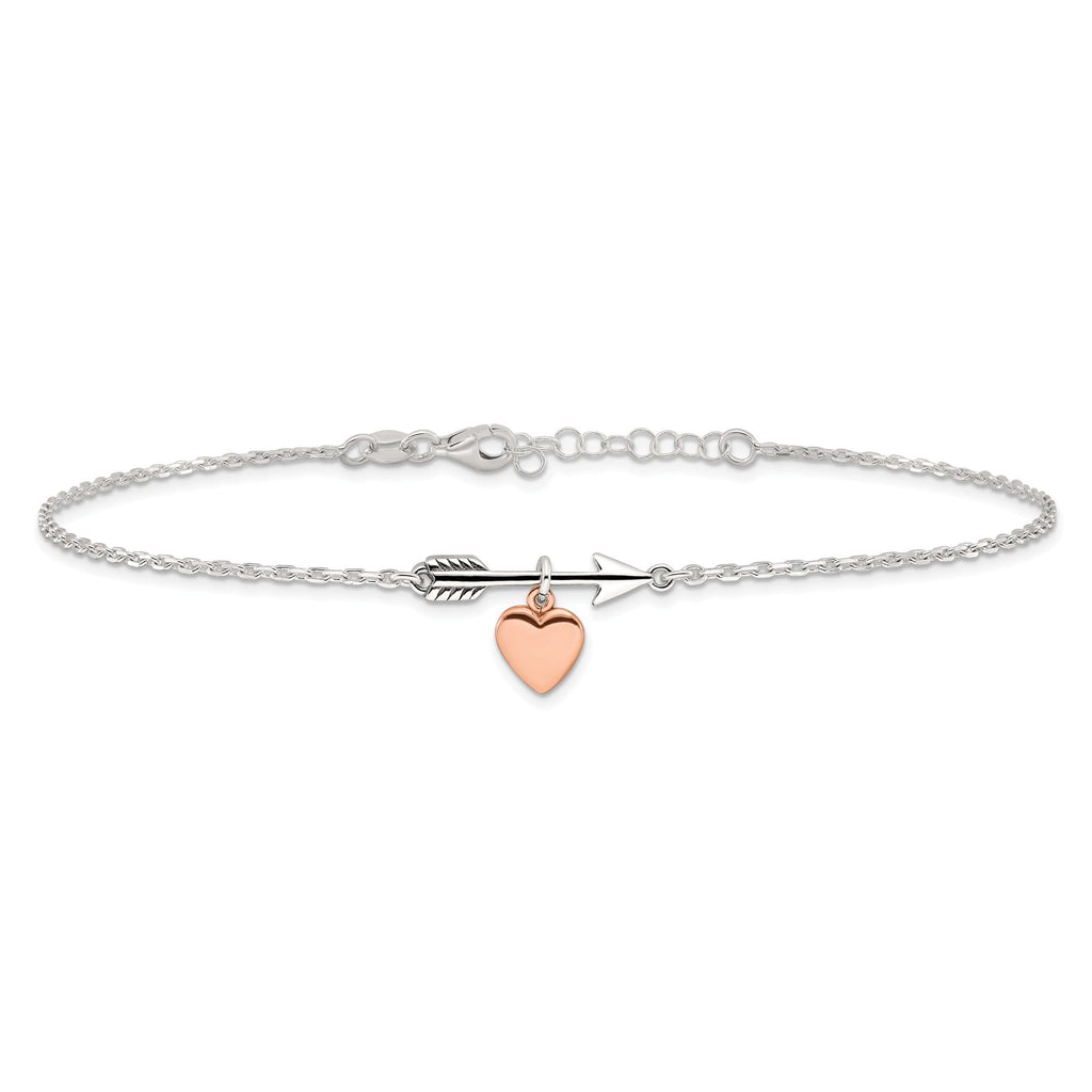 Sterling Silver Arrow with Rose-tone Heart 10 inch Plus 1 inch Extender - Total 11 inch Anklet