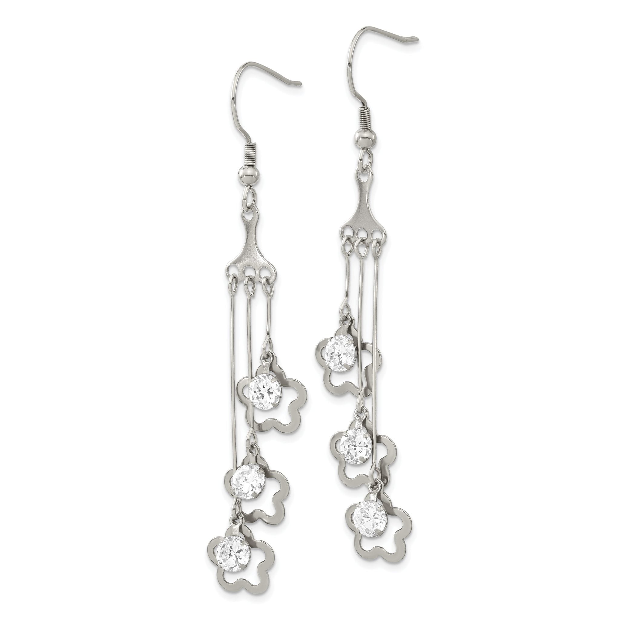 Stainless Steel Polished Flower Cubic Zirconia Drop Dangle Earrings for Women Secondary image