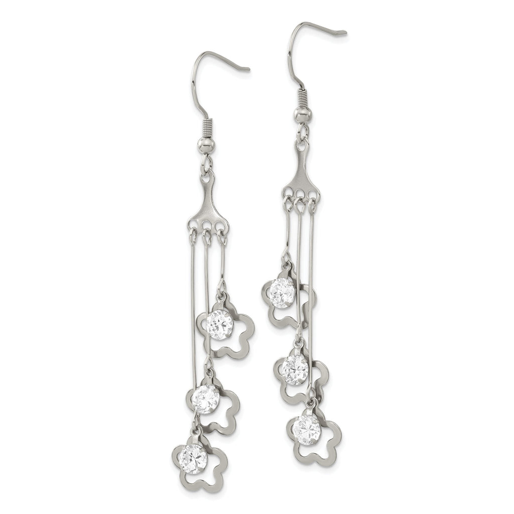 Stainless Steel Polished Flower Cubic Zirconia Drop Dangle Earrings for Women