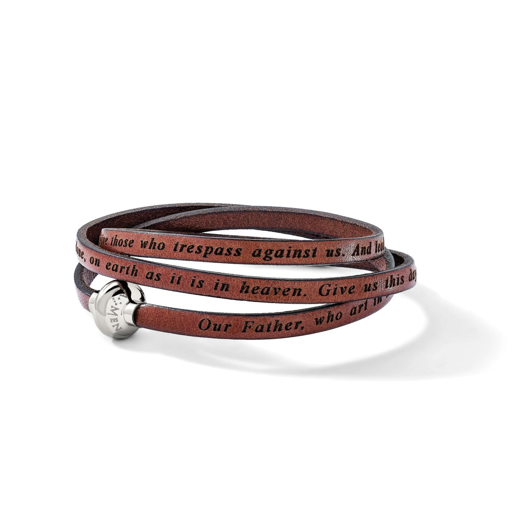 AMEN Stainless Steel Lord's Prayer Brown Leather Wrap with Magnetic Clasp with Magnetic Clasp 22.25