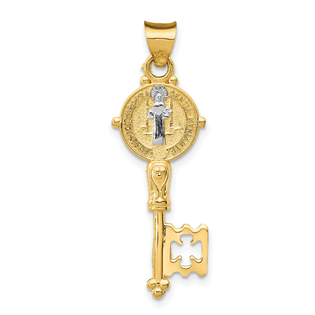 14K Gold and Rhodium Cross Key Pendant with Polished Reversible Design