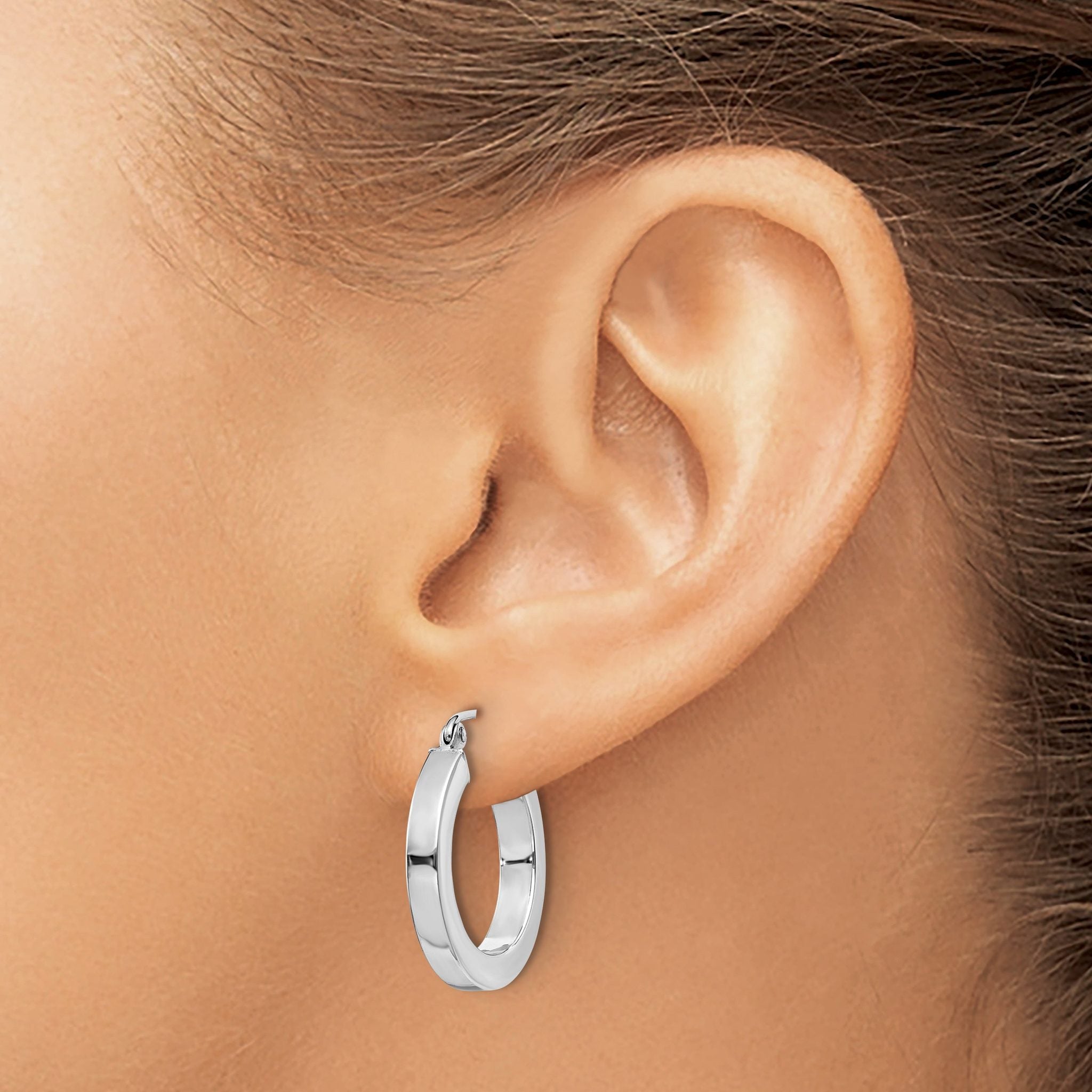 10k White Gold 3mm Polished Square Tube Hoop Earrings