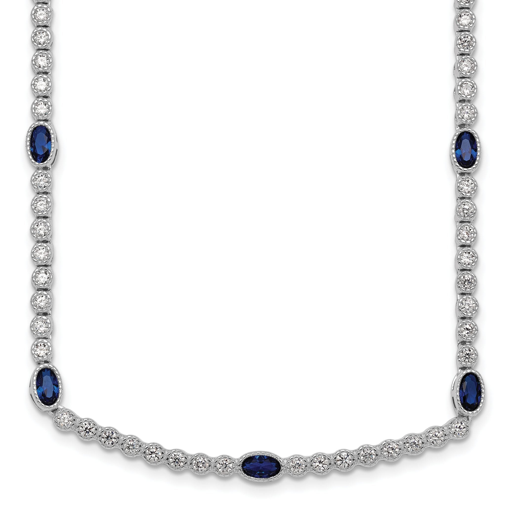 Sterling Silver Rhodium-plated Polished and Beaded Fancy Oval Blue and Round White CZ 17 Inch Necklace Main image