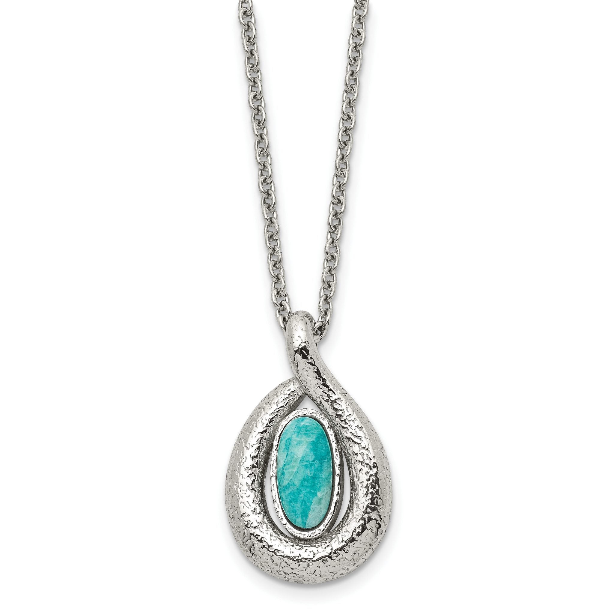 Stainless Steel Polished/Textured Synthetic Dyed Jade w/2in ext. Necklace Main image