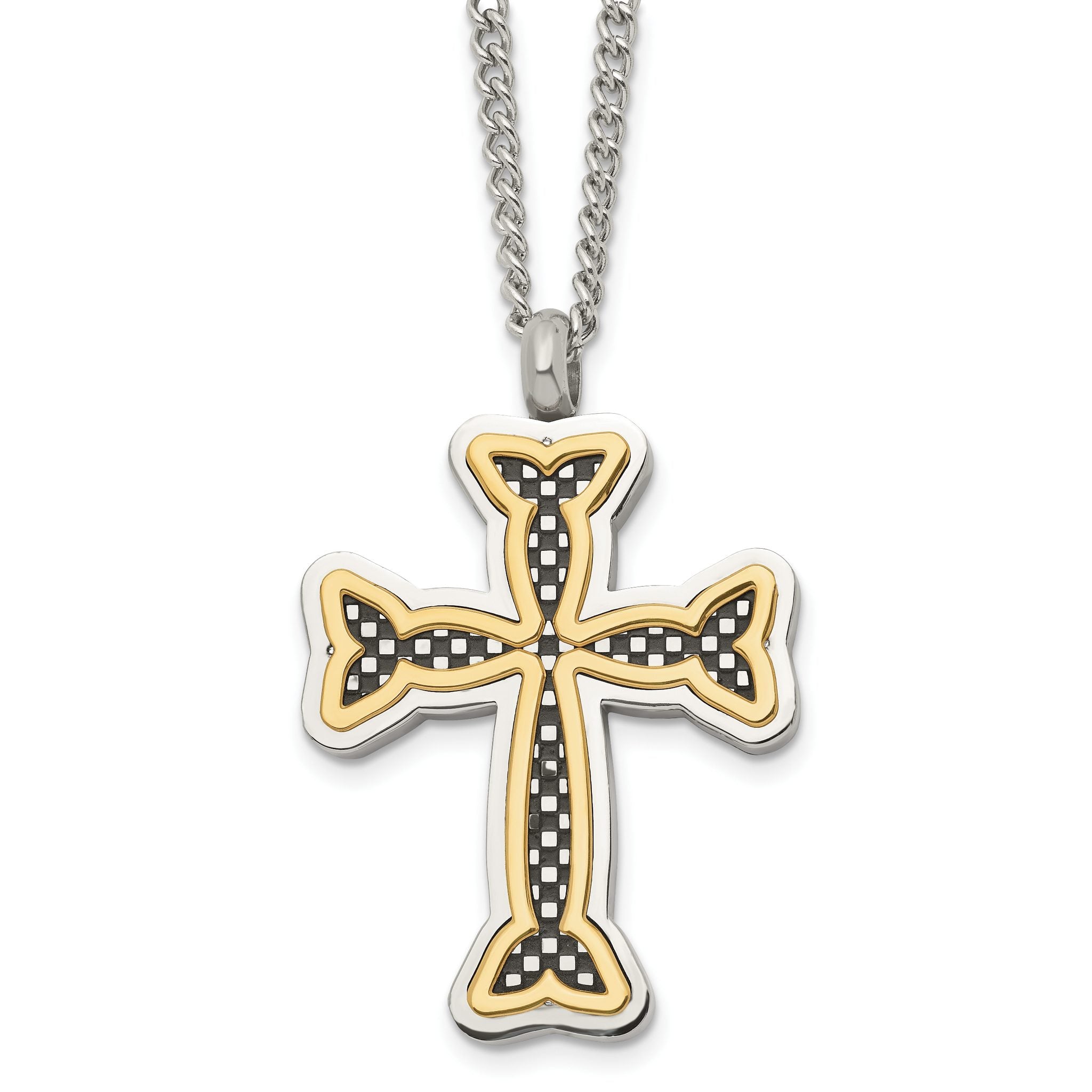 Stainless Steel Polished Black and Yellow IP-plated Cross 24in Necklace Main image