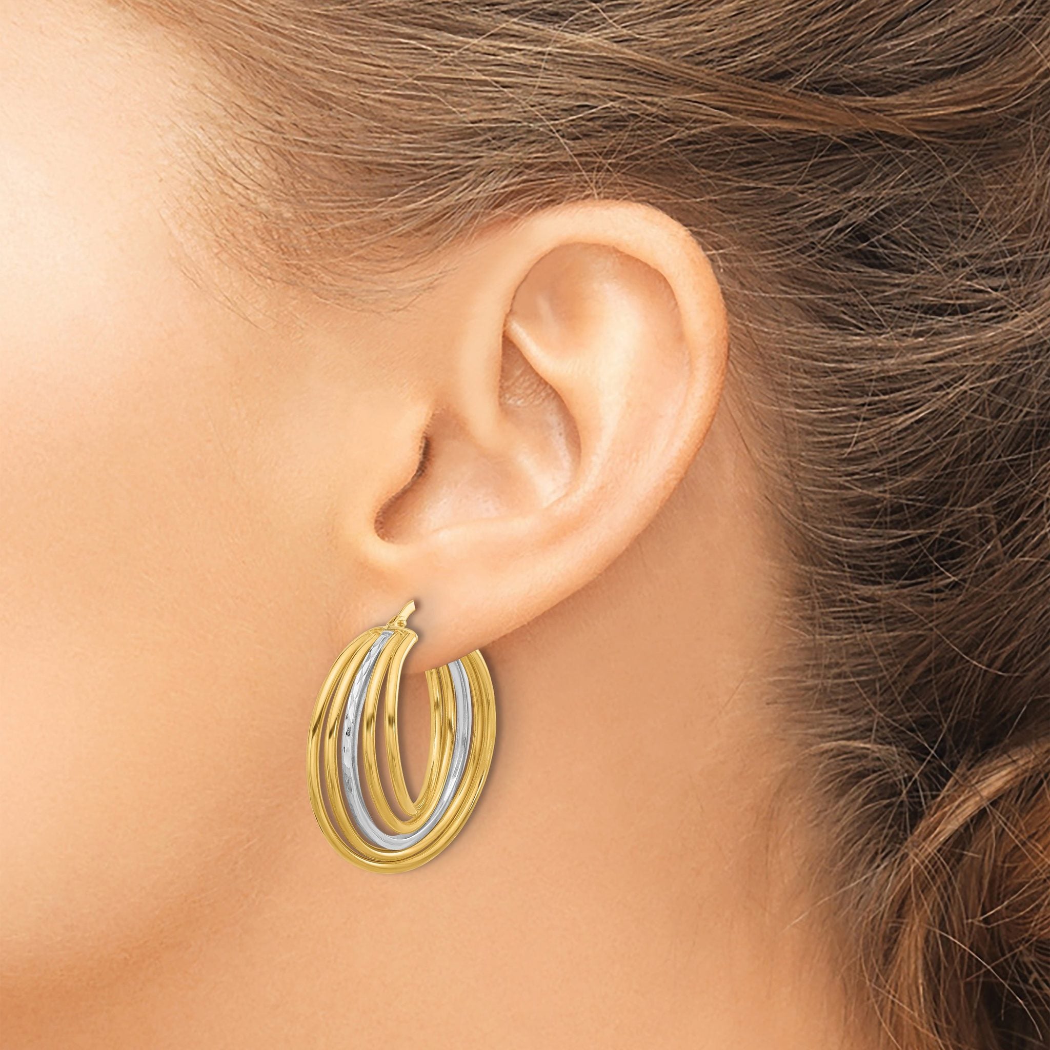 14K w/White Rhodium Polished and D/C Fancy Hoop Earrings