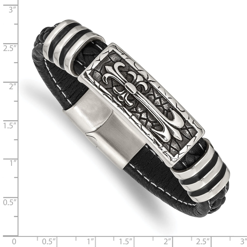 Stainless Steel Antiqued and Polished with Enamel Cross Black Faux Leather Bracelet for Men