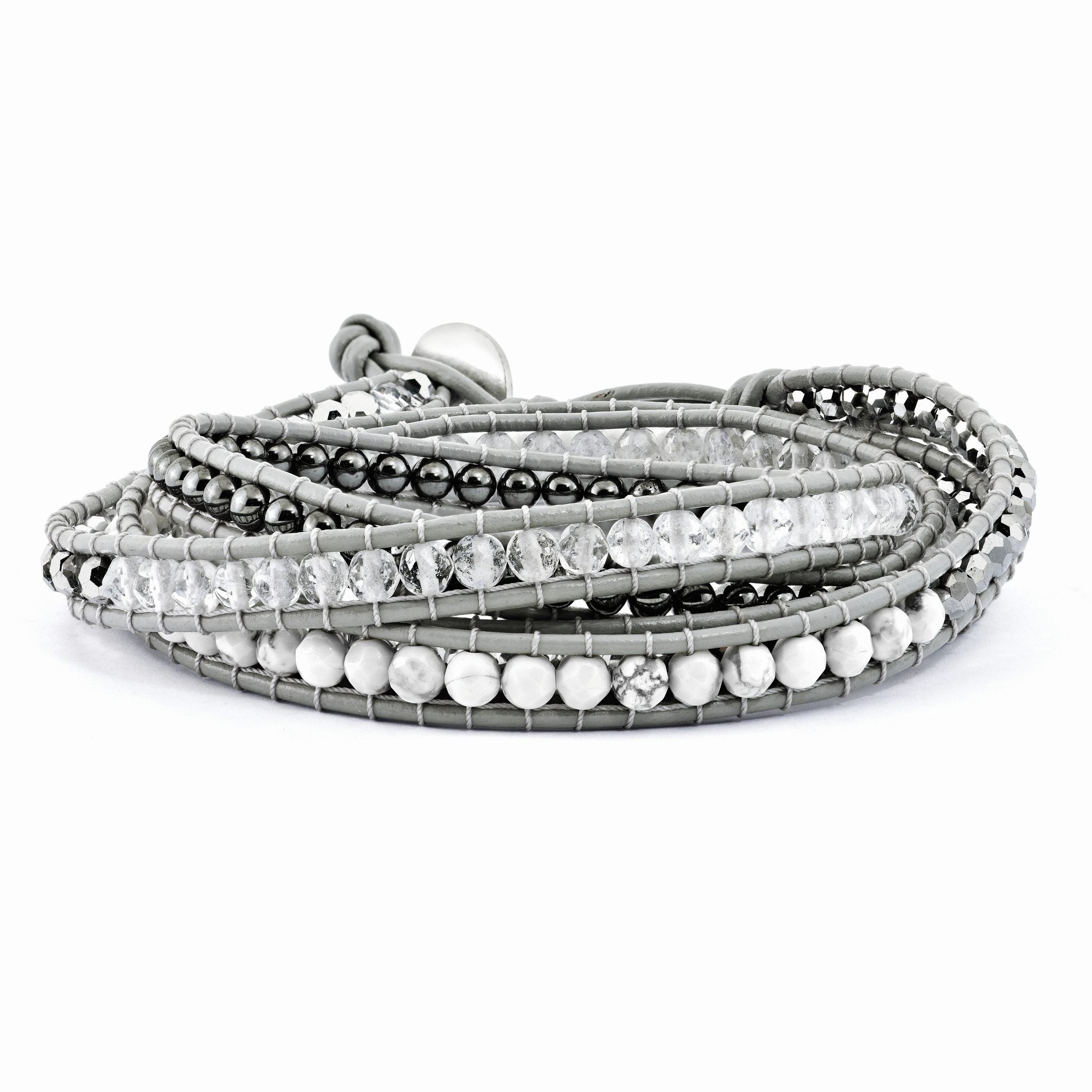 Crystal/Hematite/White Howlite Bead Leather Multi-wrap Bracelet Main image