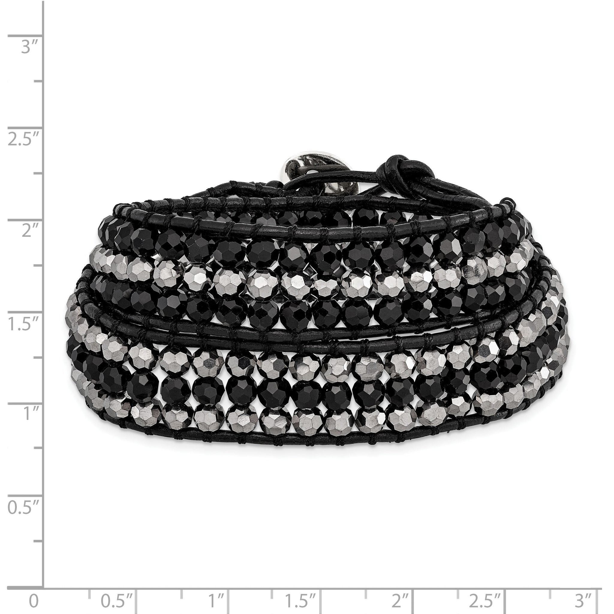 Black Aurora Borealis/Grey Crystal Bead/Leather Multi-wrap Bracelet Secondary image