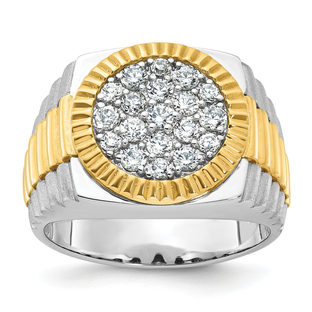 14k Two-tone Men's Polished Satin and Ribbed 1 1/8 Carat A Quality Diamond Round Cluster Ring