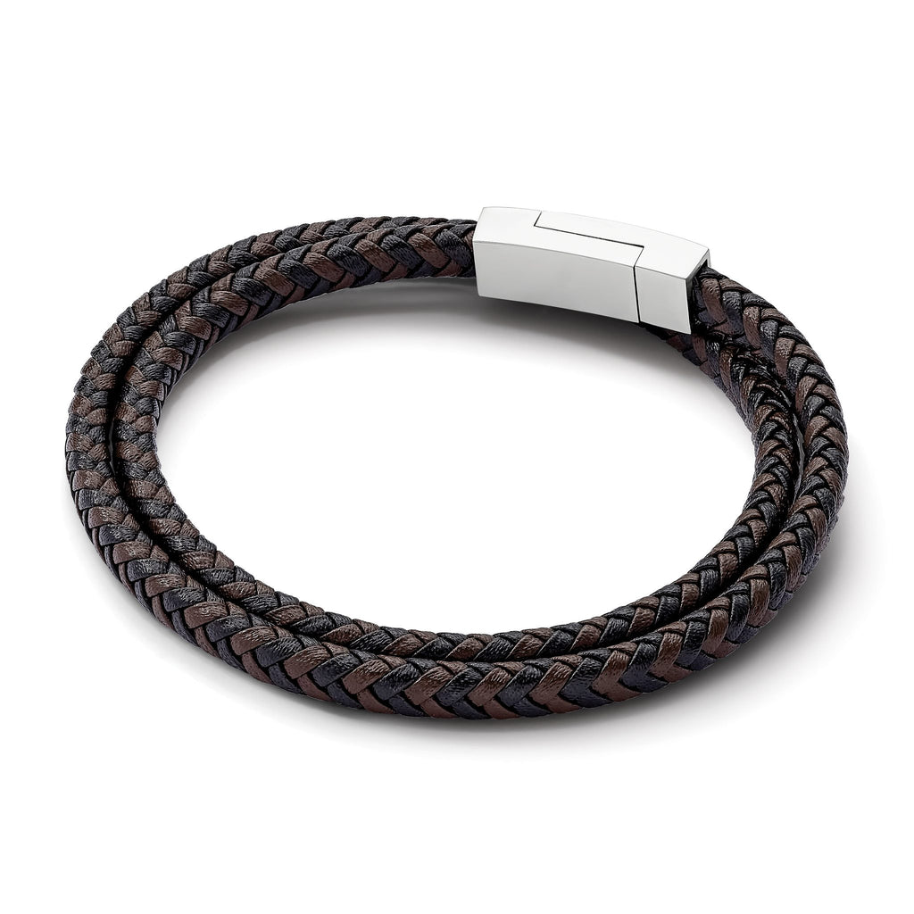 Stainless Steel Polished Black and Brown Braided Leather Wrap Bracelet for Men